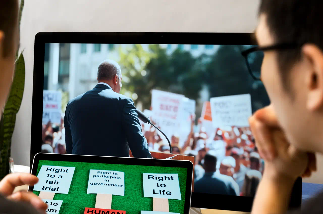 two people looking at Advocacy images on laptop