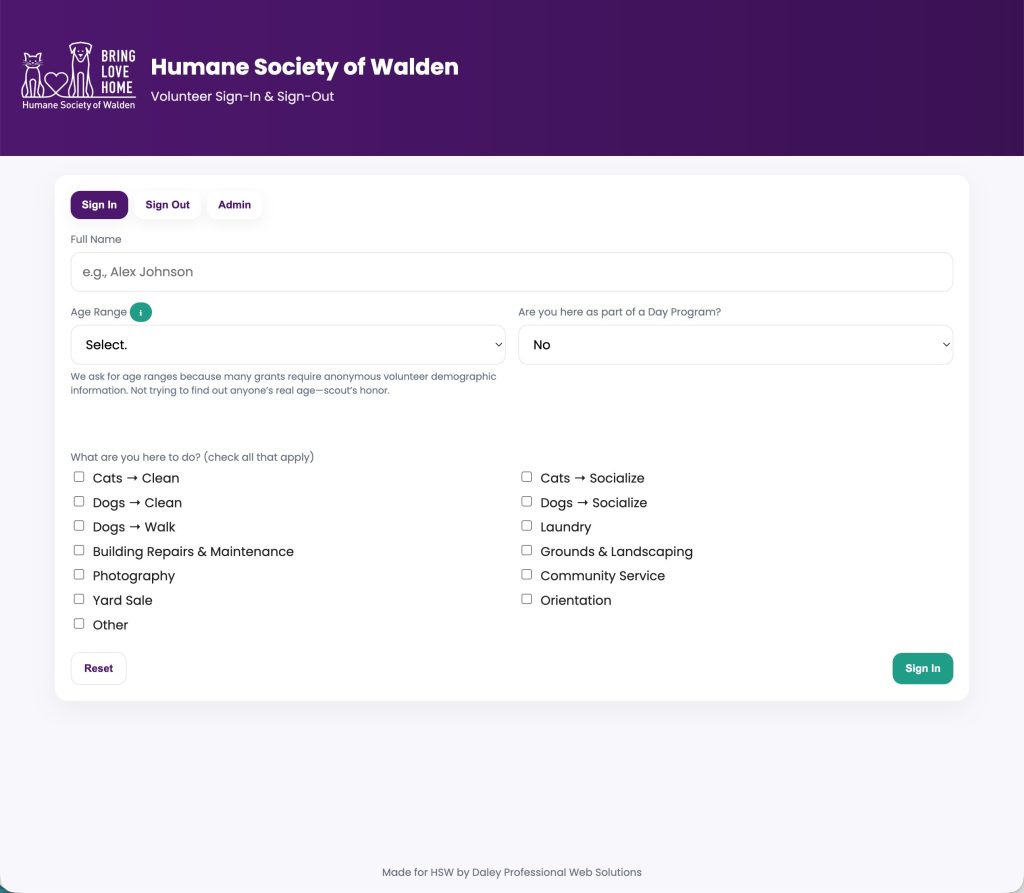 Custom Volunteer Sign In Tool